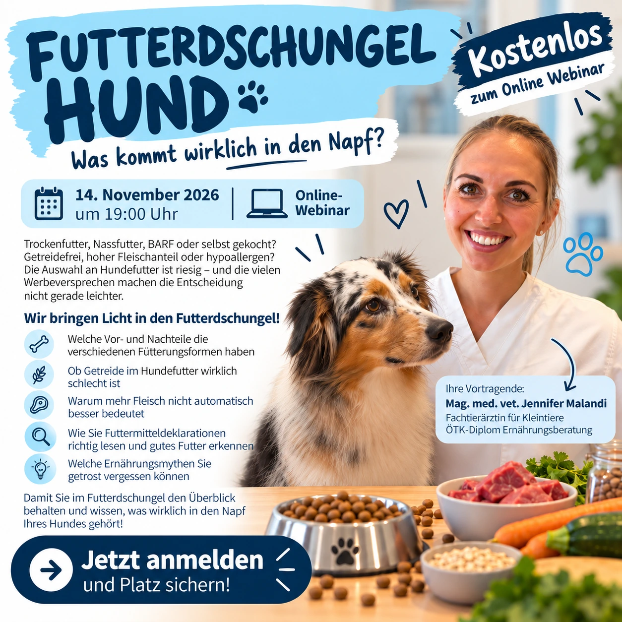 Futterdschungel Hund – kostenloses Online-Webinar am 14. November 2026 um 19 Uhr mit Fachtierärztin Mag. Jennifer Malandi