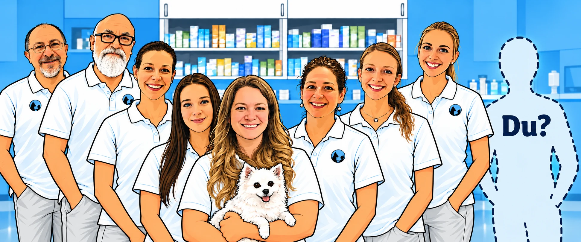 Unser Tierarzt-Team mit weißem Hund im Comic-Stil und einer gestrichelten Personen-Silhouette mit der Aufschrift Du?