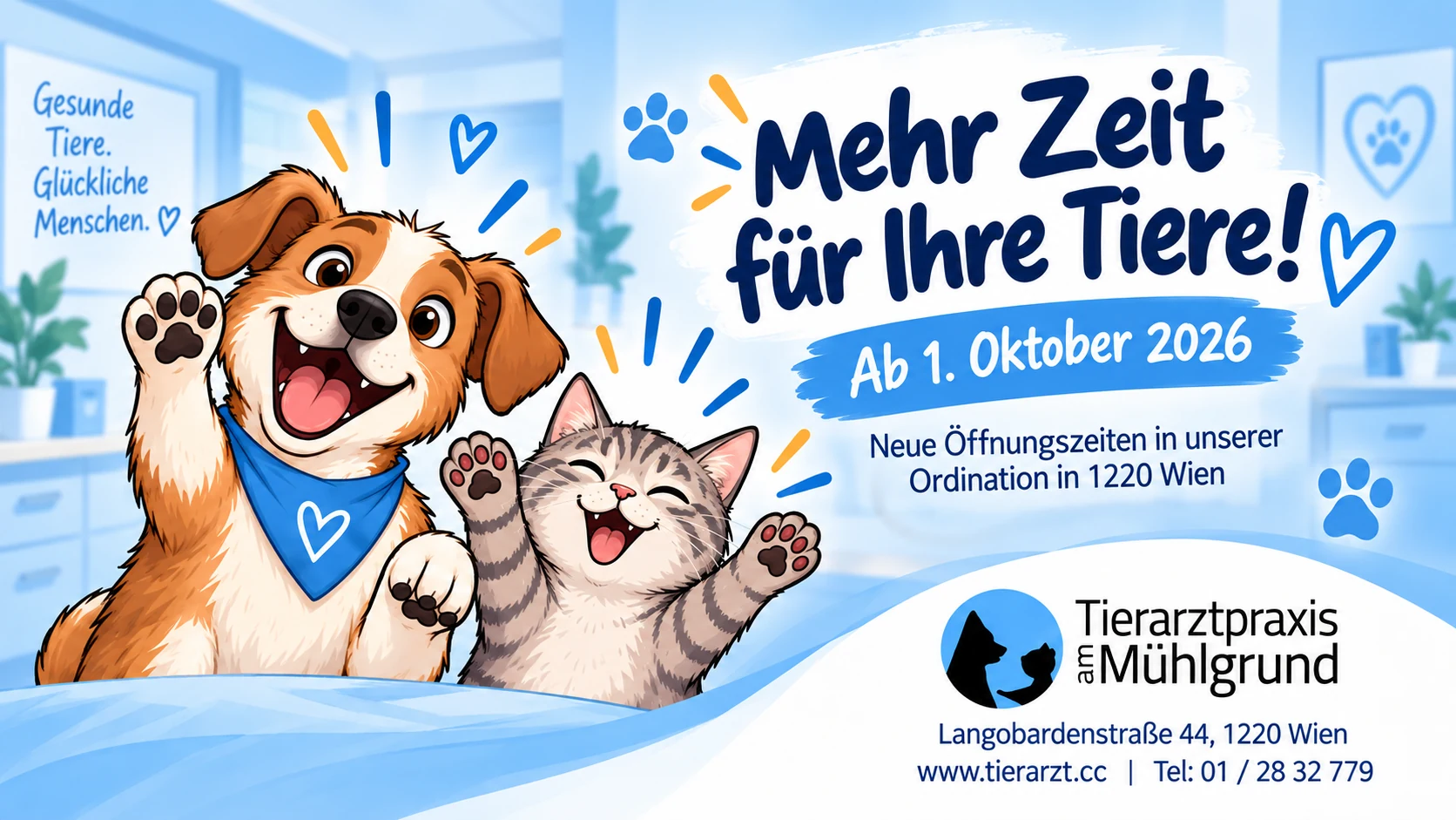 Mehr Zeit für Ihre Tiere – neue Öffnungszeiten ab 1. Oktober 2026 in der Tierarztpraxis am Mühlgrund