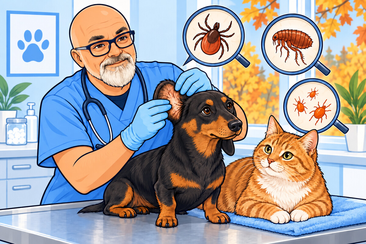 Comicillustration einer Hautkontrolle bei Hund und Katze auf Zecken, Flöhe und Herbstgrasmilben