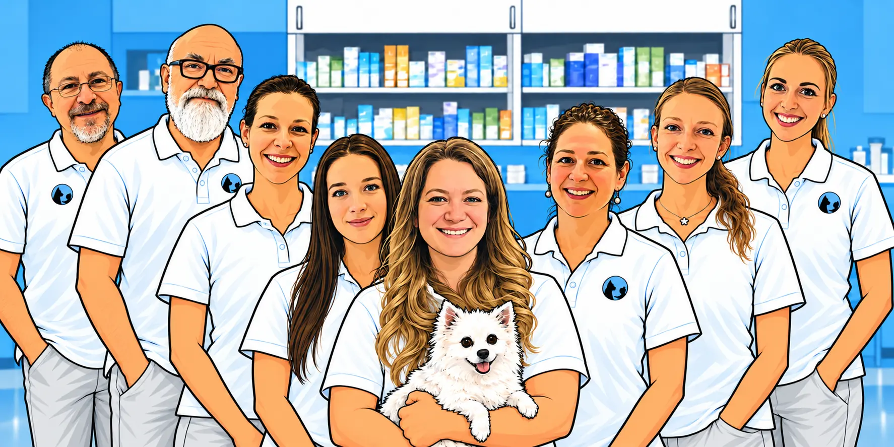 Gezeichnetes Team der Tierarztpraxis am Mühlgrund in V-Formation mit weißem Hund